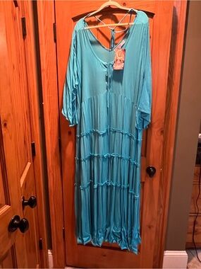 Lotus Traders NWT Bohemian Turquoise Tiered Maxi Dress with Tie Back 3X